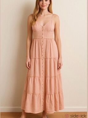 Sim & Sam Linen Blend Boho Corset Style Top Fit & Flare Button-Front Maxi Dress